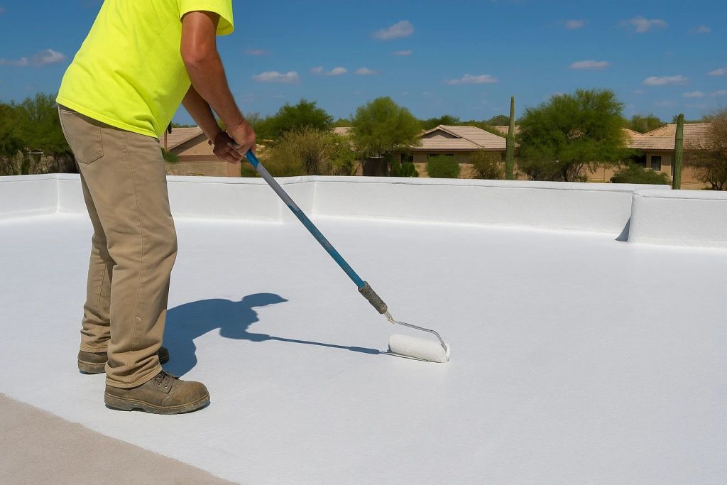 Roof coatings being applied to a flat roof in Scottsdale to protect against heat and sun damage