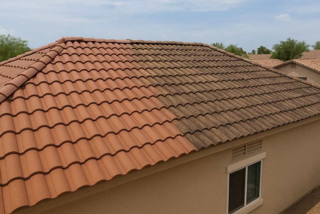 Tile roof restoration and replacement comparison on a Scottsdale home